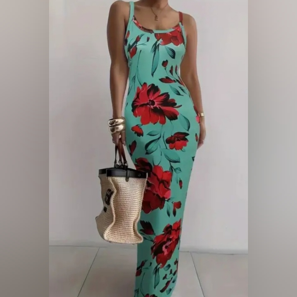 Floral Sleeveless Maxi Dress - Red and Green
